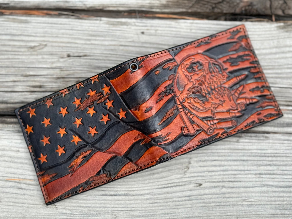 OIF - Skull Flag and Bullets Design Hand Carved Bifold Wallet - Made in USA