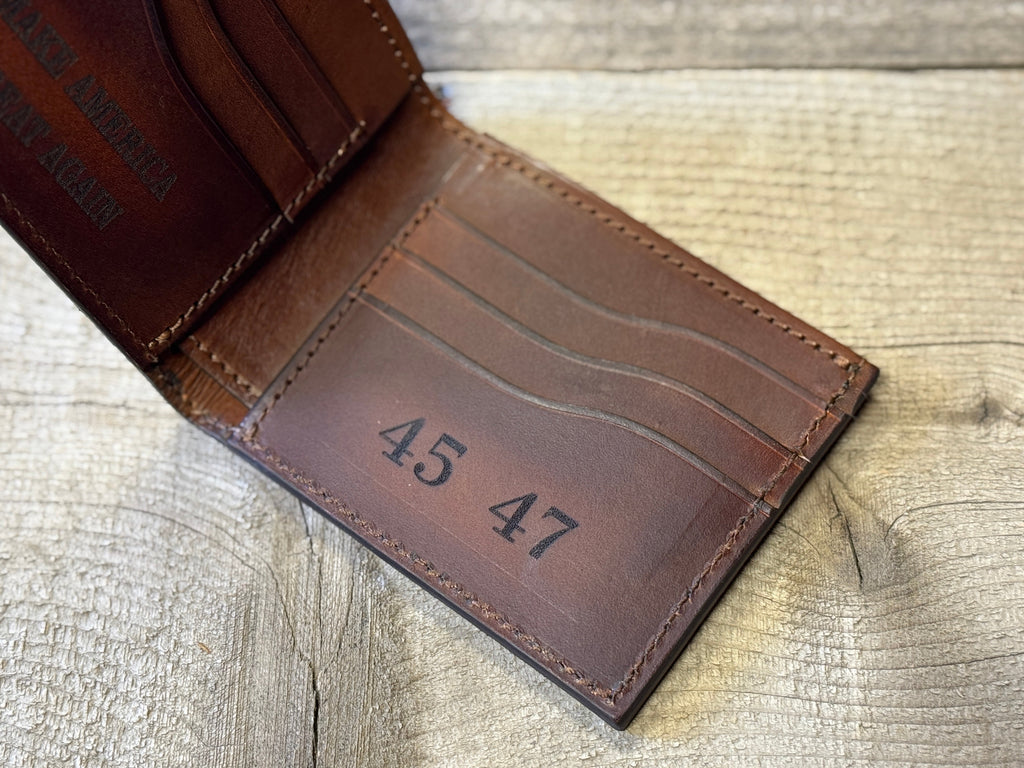 Brown Leather wallet with 45-47 engraved
