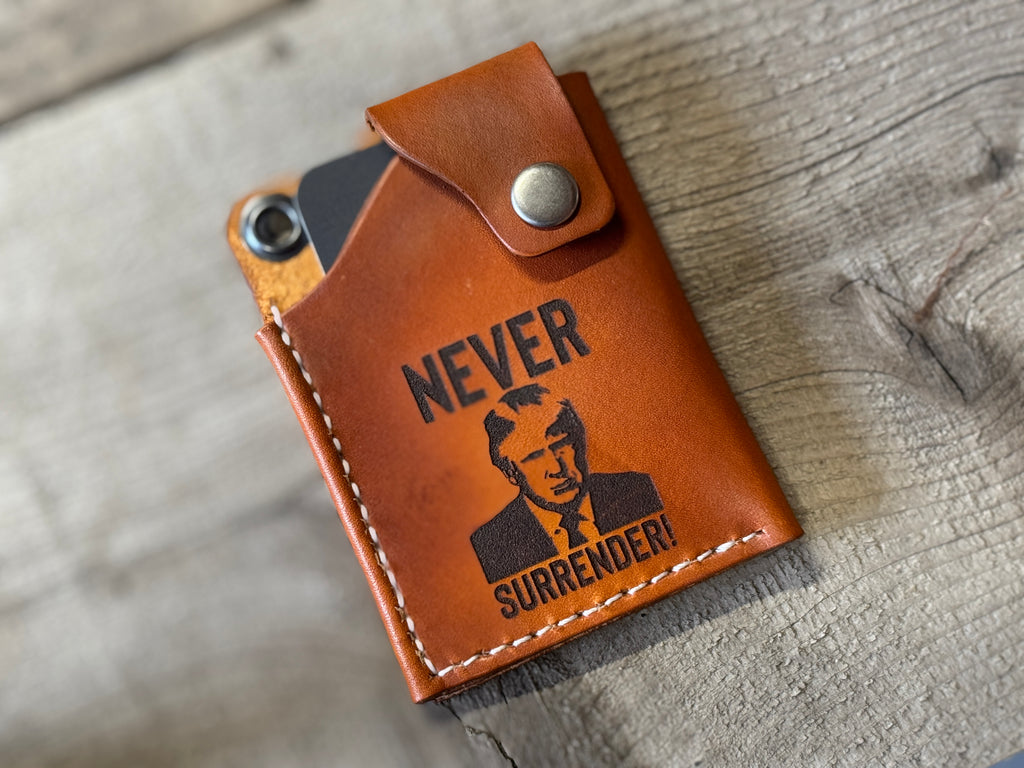 Never Surrender - Engraved Minimalist Leather Credit Card Holder
