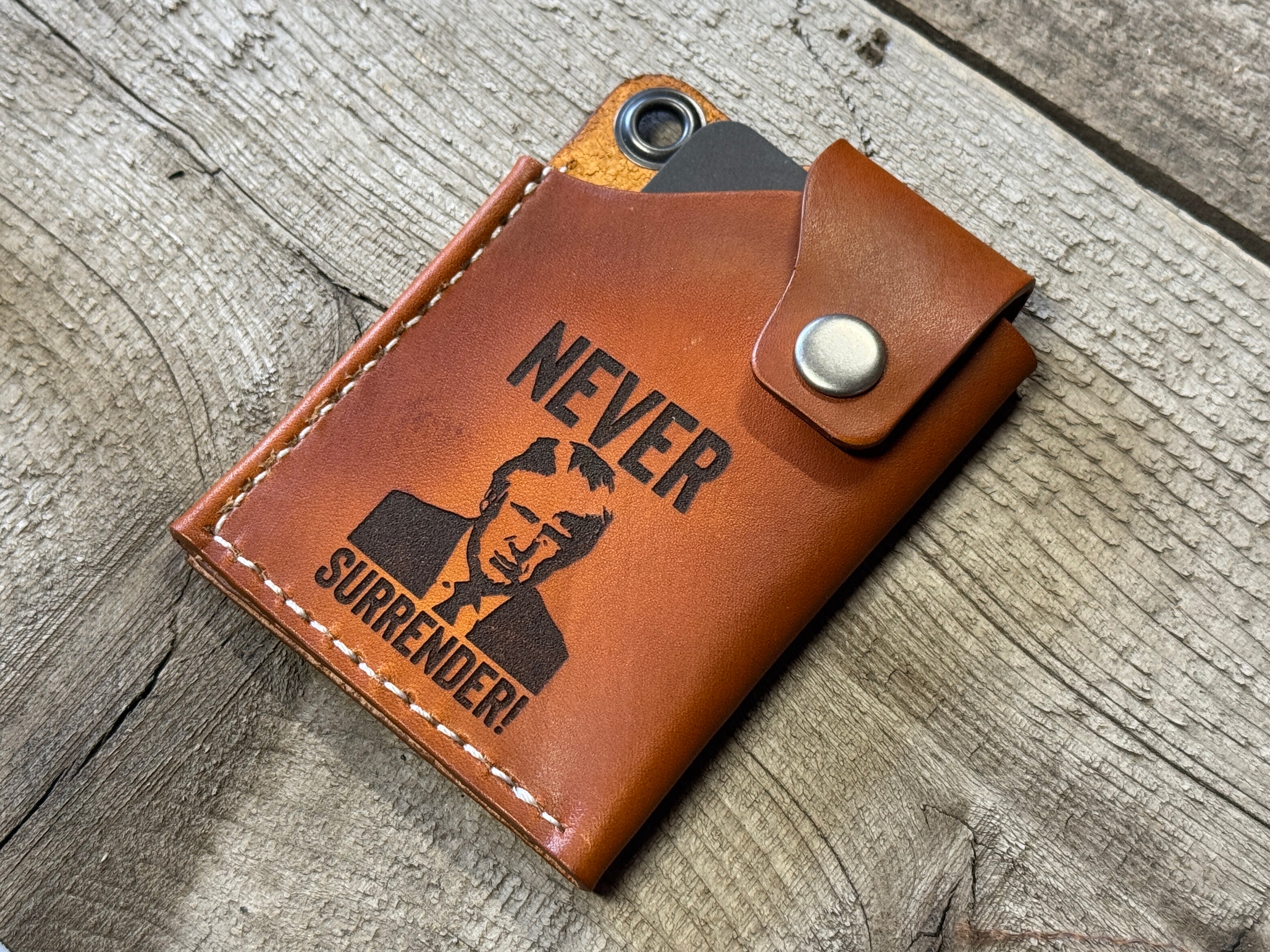 Never Surrender - Engraved Minimalist Leather Credit Card Holder
