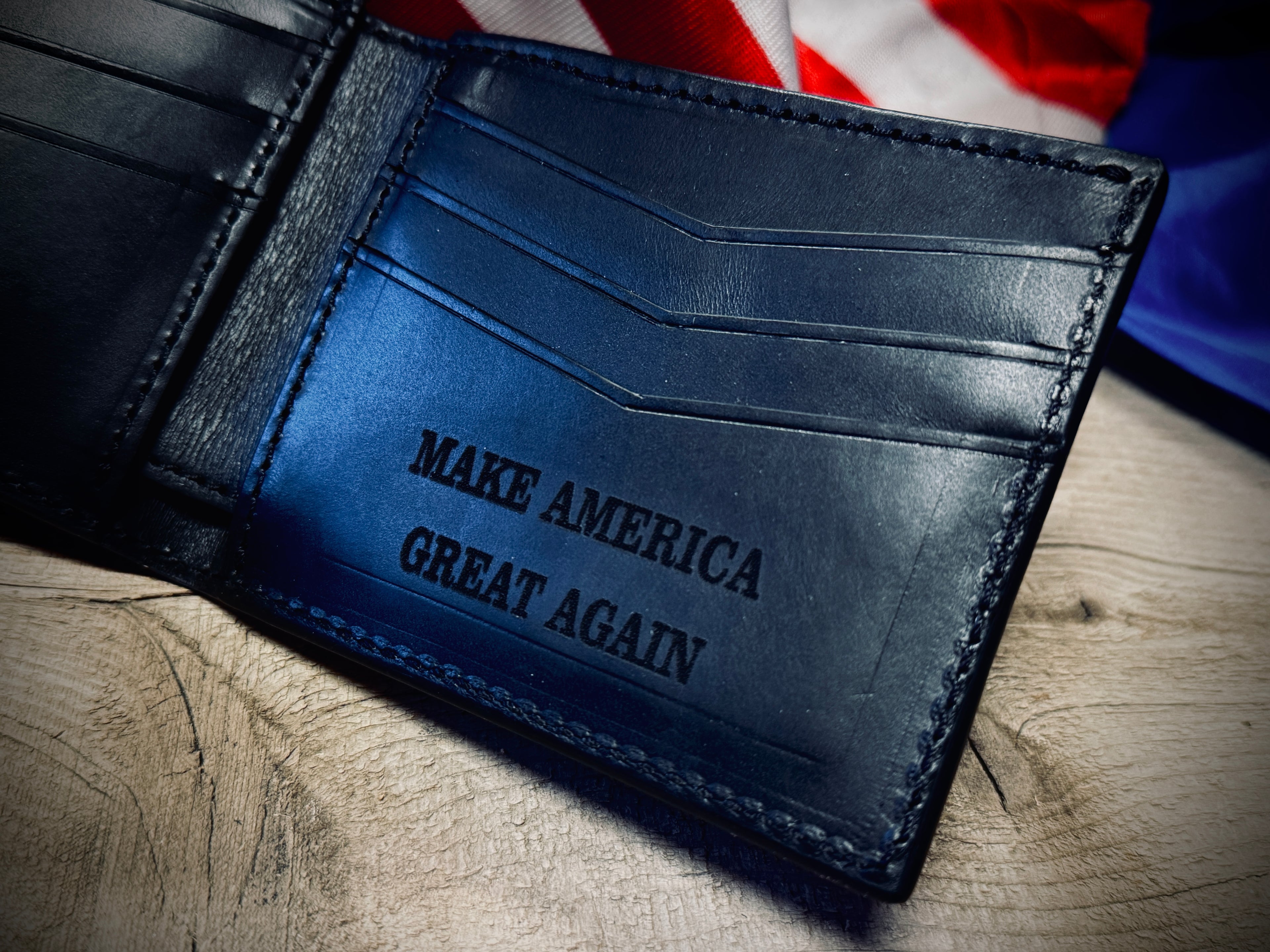 47 Dark MAGA Bifold - Hand tooled and engraved premium leather wallet - Made in USA