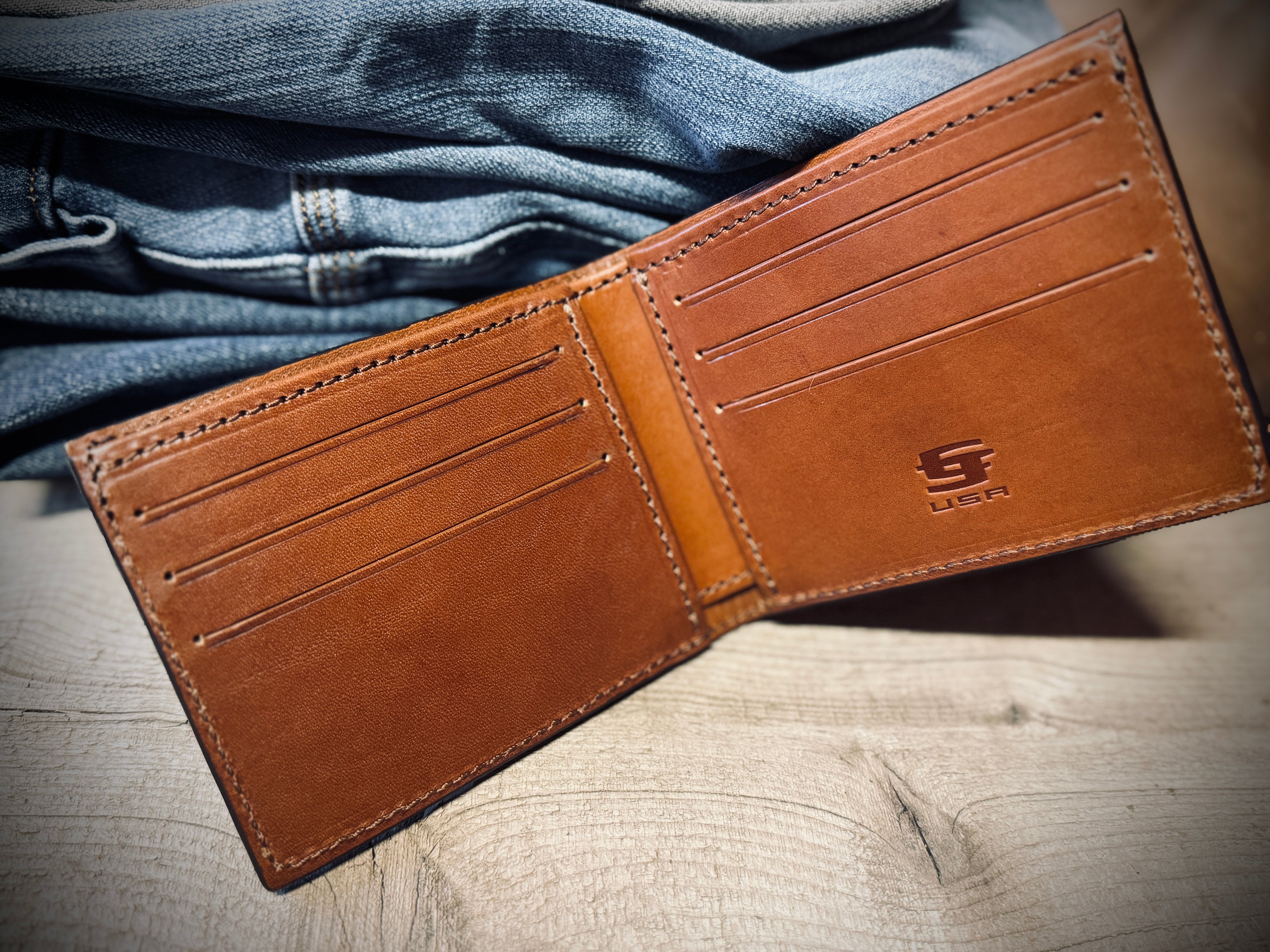 Military Branch Bifold Wallet - Wavy Hand tooled American Flag Background - Made in USA