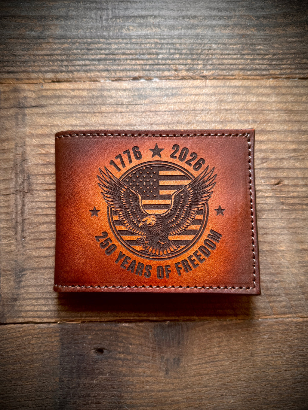 America 250 Laser Engraved Leather Bifold Wallet – 1776-2026 “250 Years of Freedom” Patriotic Eagle Design | Handmade Custom