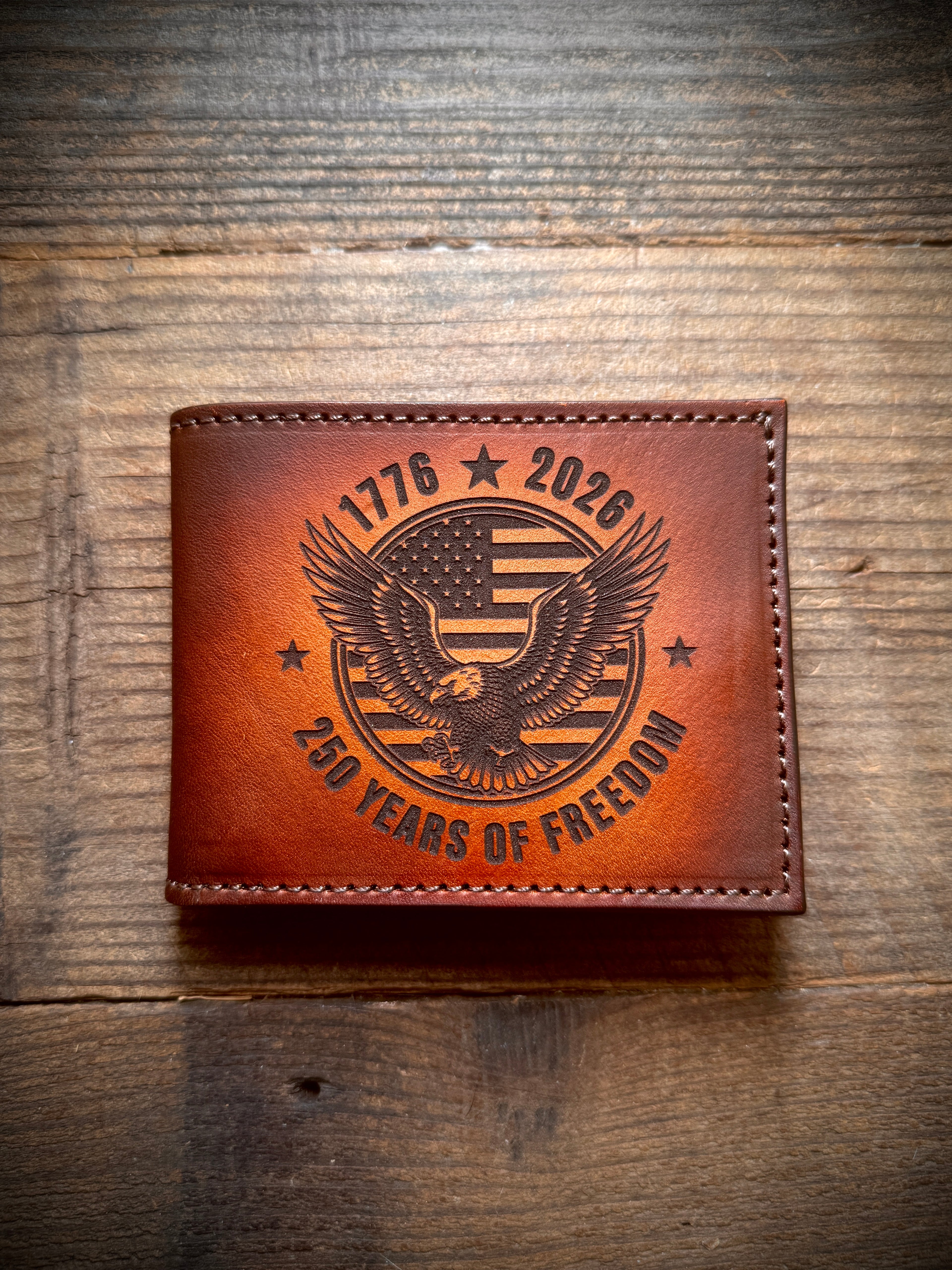 America 250 Laser Engraved Leather Bifold Wallet – 1776-2026 “250 Years of Freedom” Patriotic Eagle Design | Handmade Custom