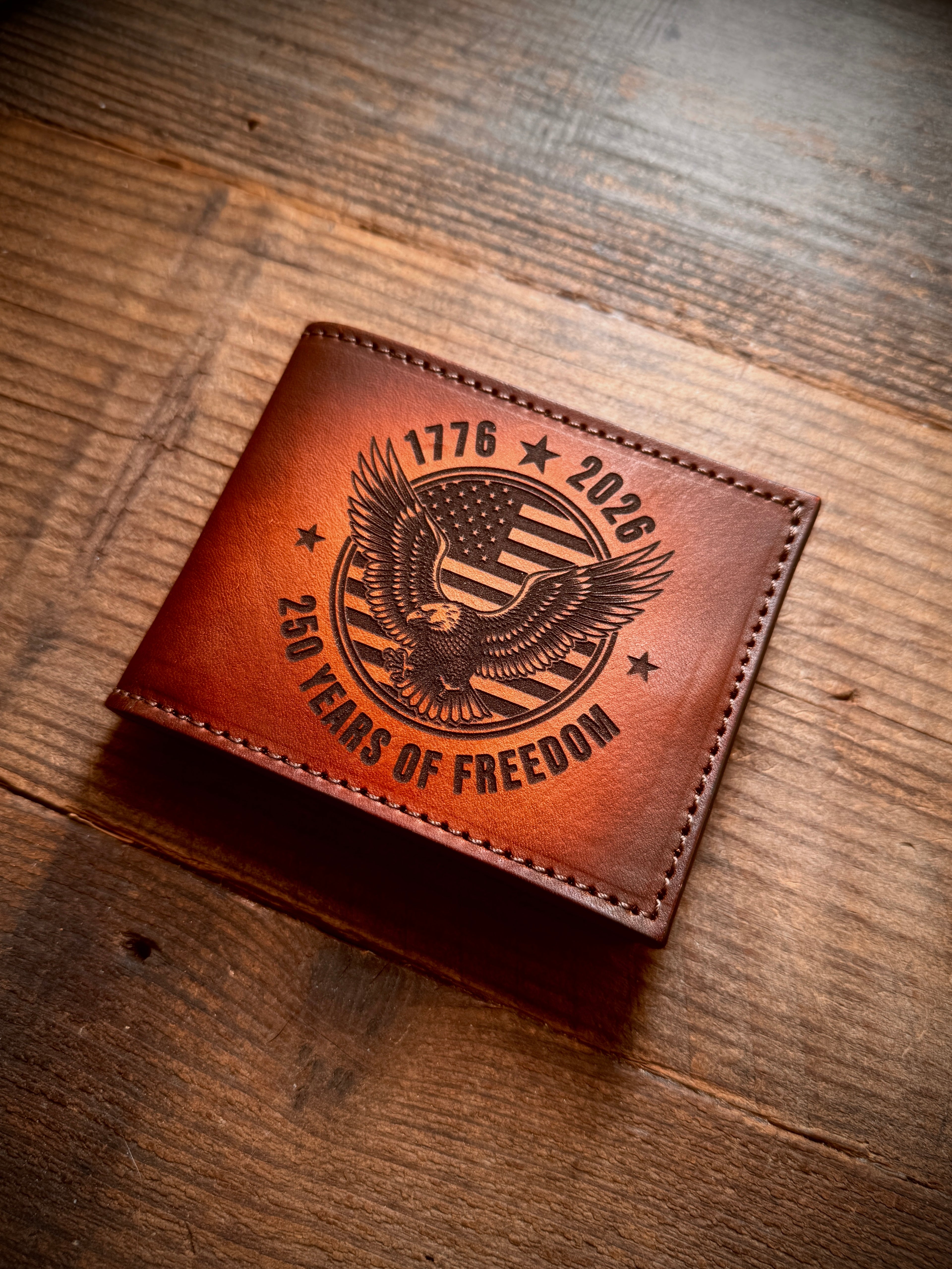 America 250 Laser Engraved Leather Bifold Wallet – 1776-2026 “250 Years of Freedom” Patriotic Eagle Design | Handmade Custom