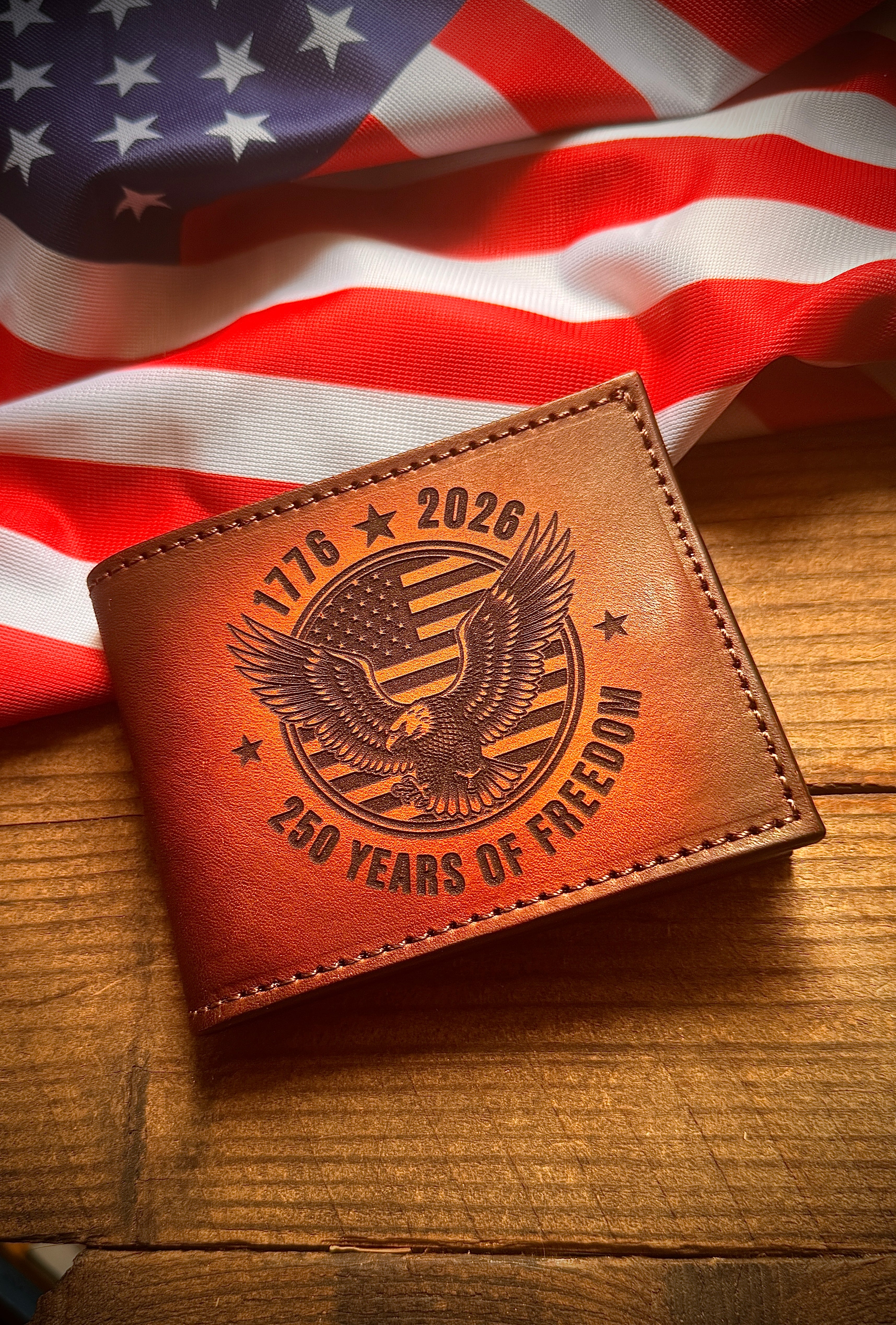 America 250 Laser Engraved Leather Bifold Wallet – 1776-2026 “250 Years of Freedom” Patriotic Eagle Design | Handmade Custom