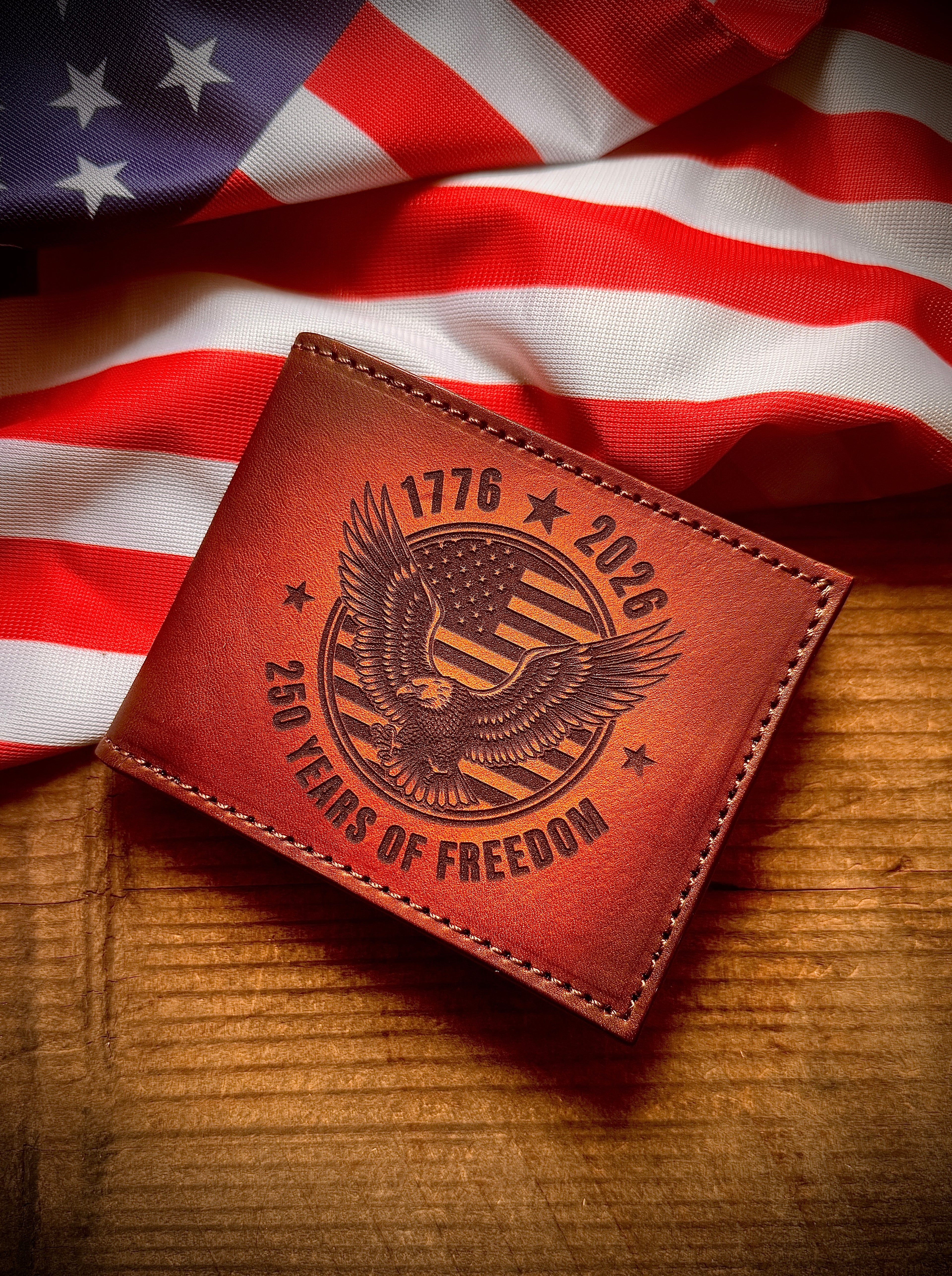 America 250 Laser Engraved Leather Bifold Wallet – 1776-2026 “250 Years of Freedom” Patriotic Eagle Design | Handmade Custom