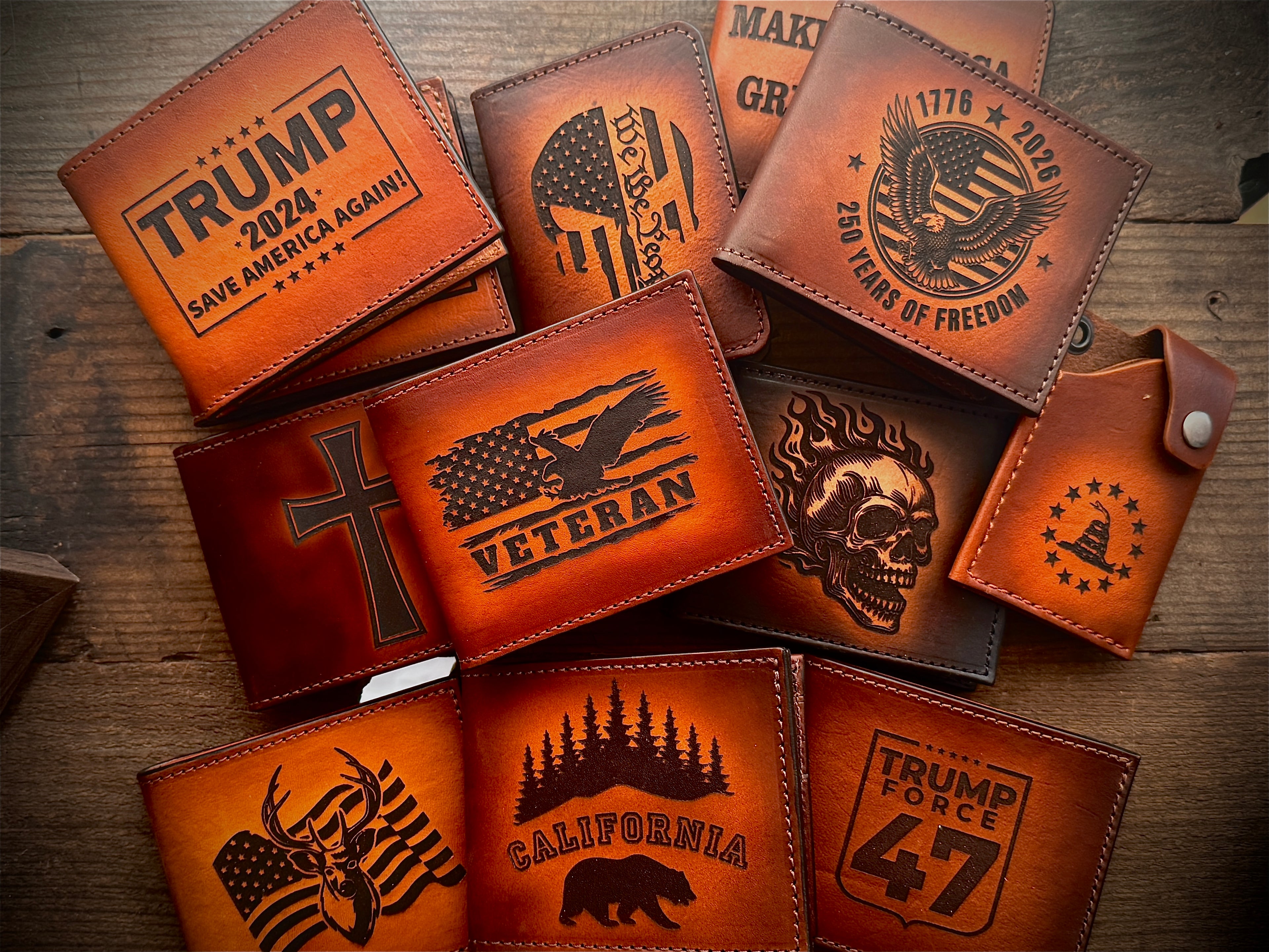 America 250 Laser Engraved Leather Bifold Wallet – 1776-2026 “250 Years of Freedom” Patriotic Eagle Design | Handmade Custom