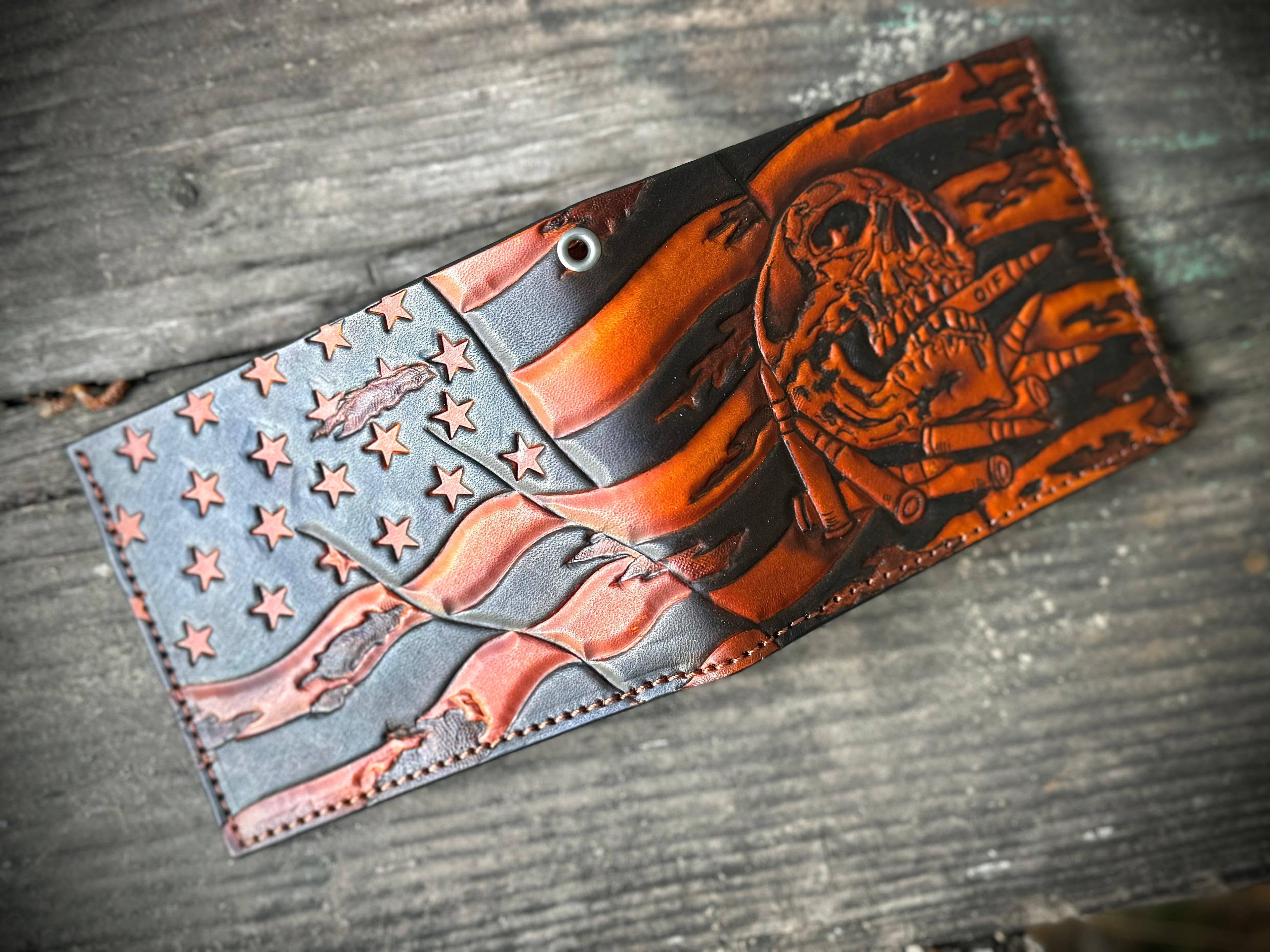 Leather Wallet with torn American flag and skull design