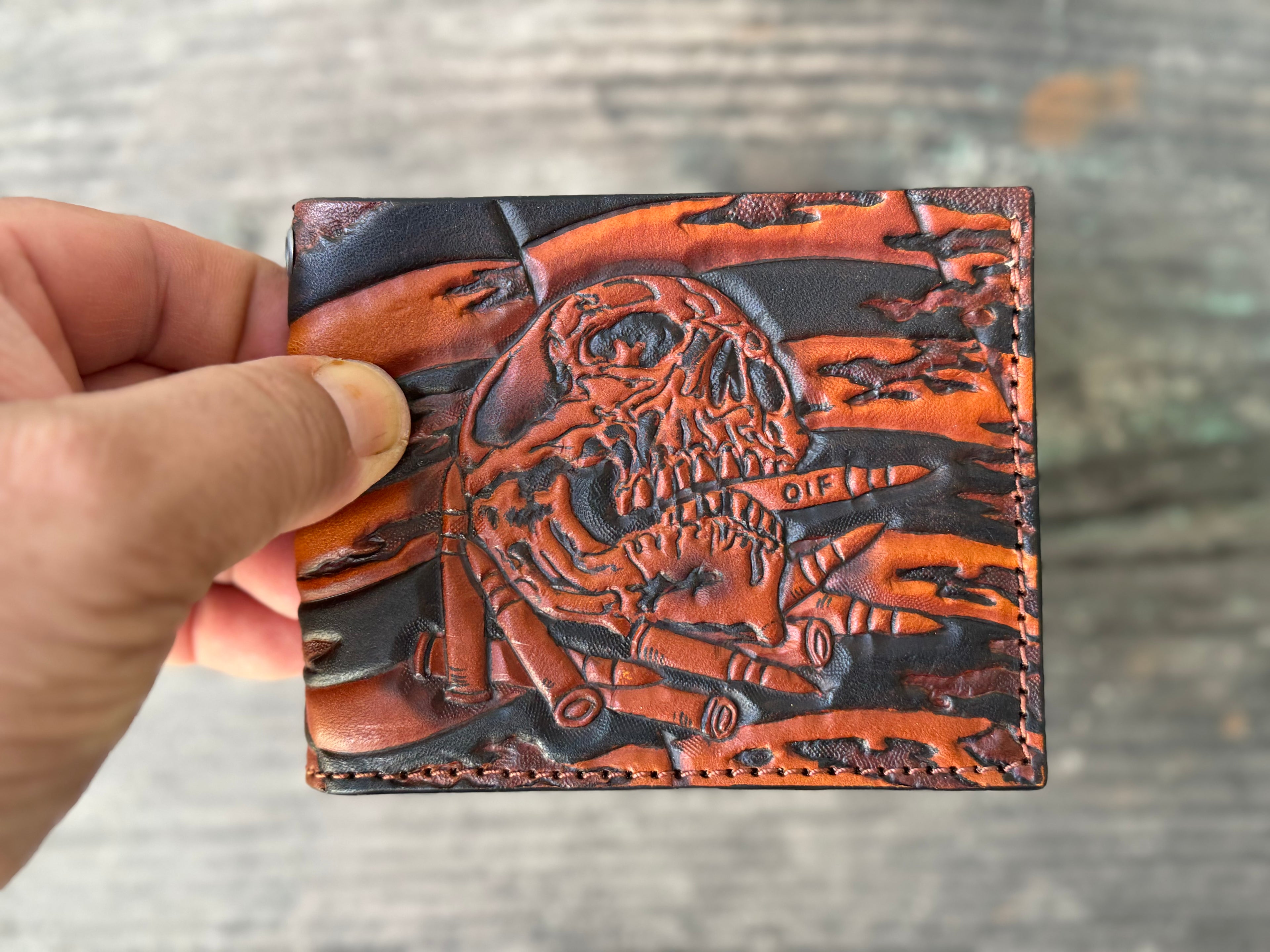 OIF - Skull Flag and Bullets Design Hand Carved Bifold Wallet - Made in USA
