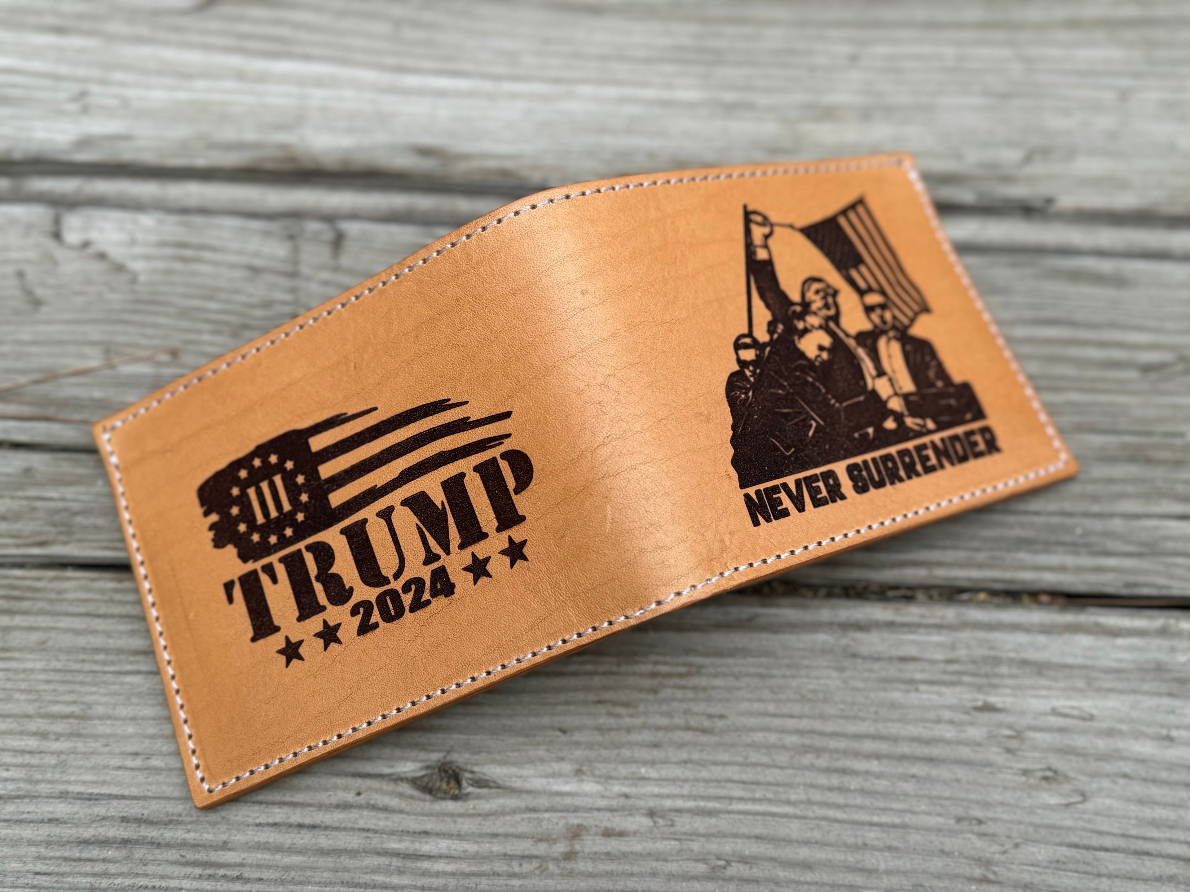 Never Surrender - Trump Butler PA Engraved Silhouette - Handmade Premium Bifold Wallet