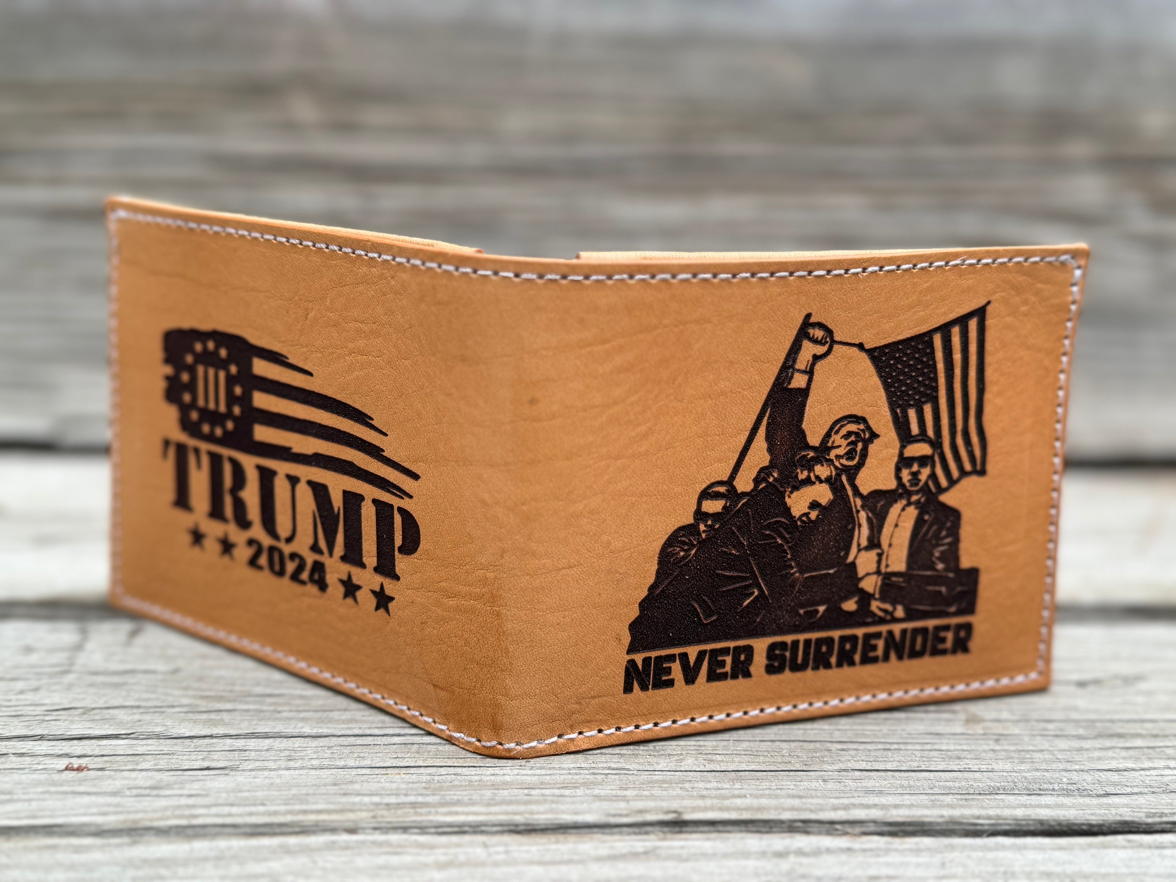 Never Surrender - Trump Butler PA Engraved Silhouette - Handmade Premium Bifold Wallet
