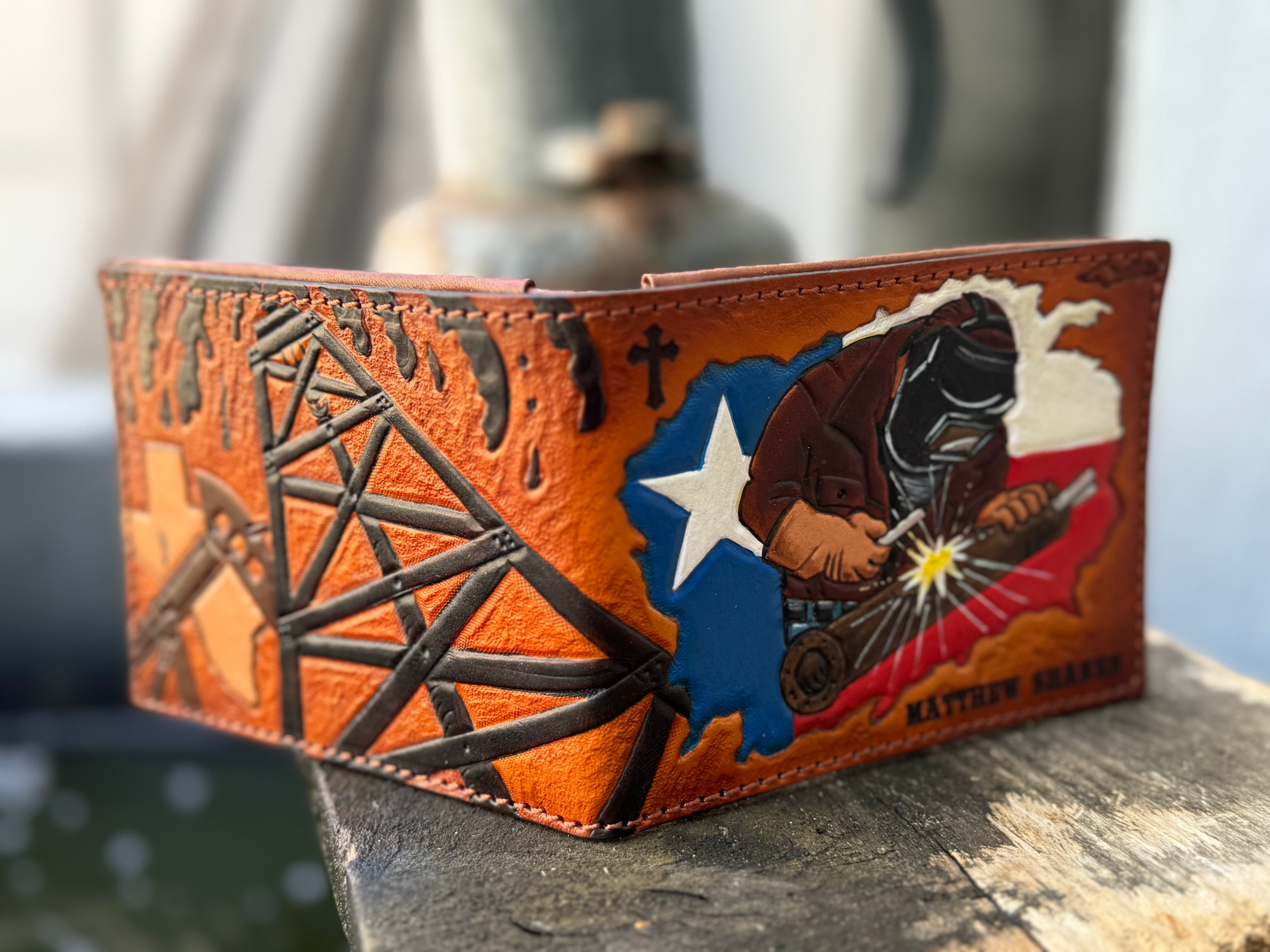 Texas Oil Rig Welder Custom Tooled Bifold Wallet Design - Made in USA