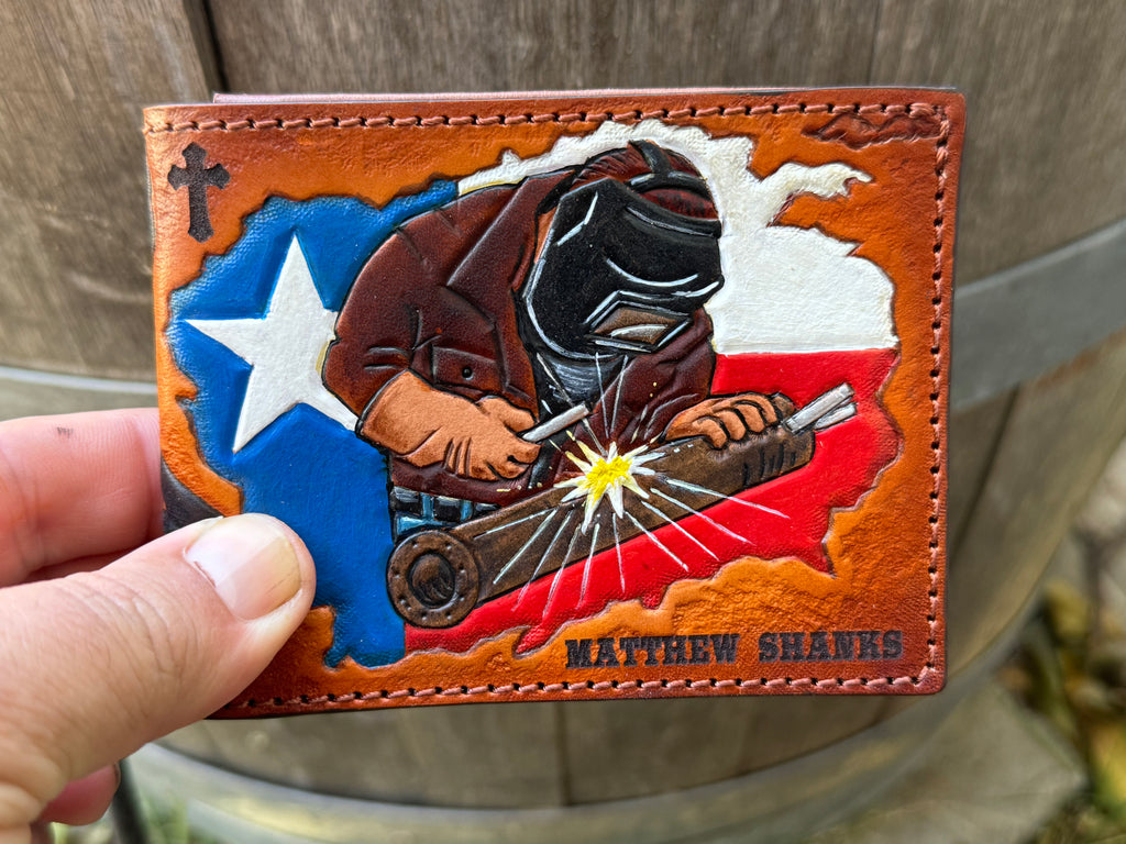 Texas Oil Rig Welder Custom Tooled Bifold Wallet Design - Made in USA