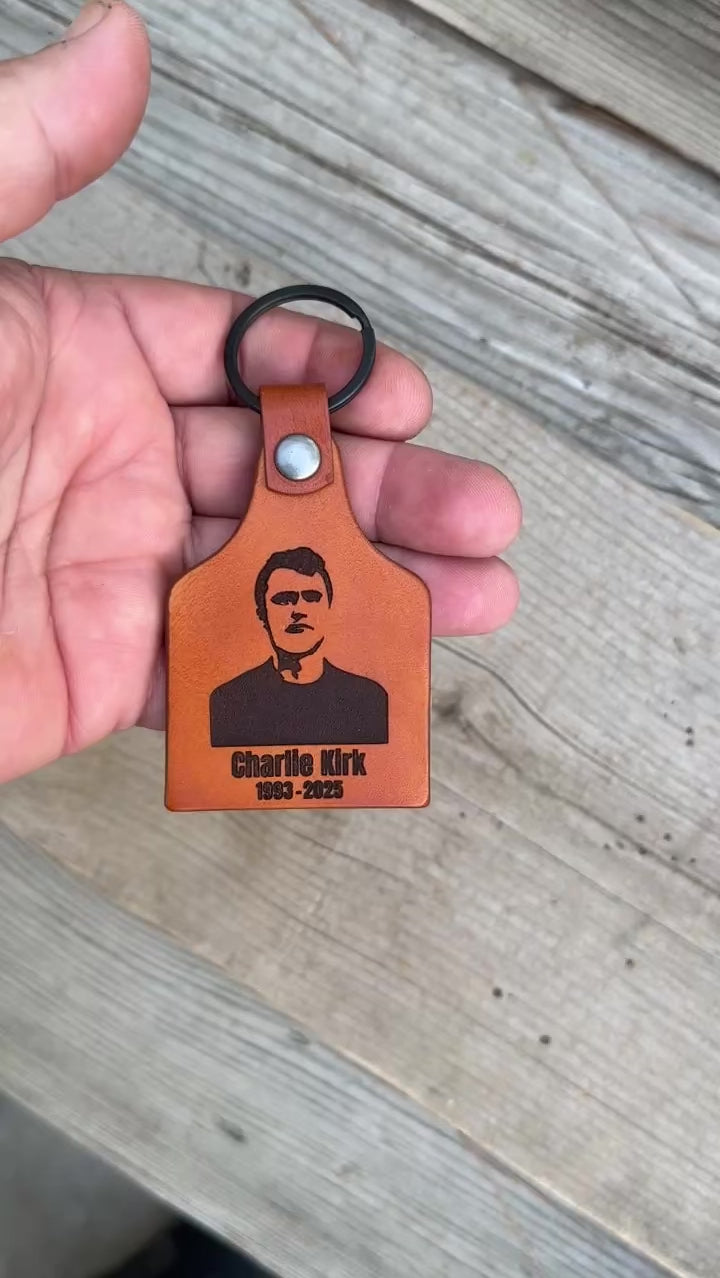 Charlie Kirk Memorial Laser Engraved Leather Keychain - Freedom Gear - Made in USA