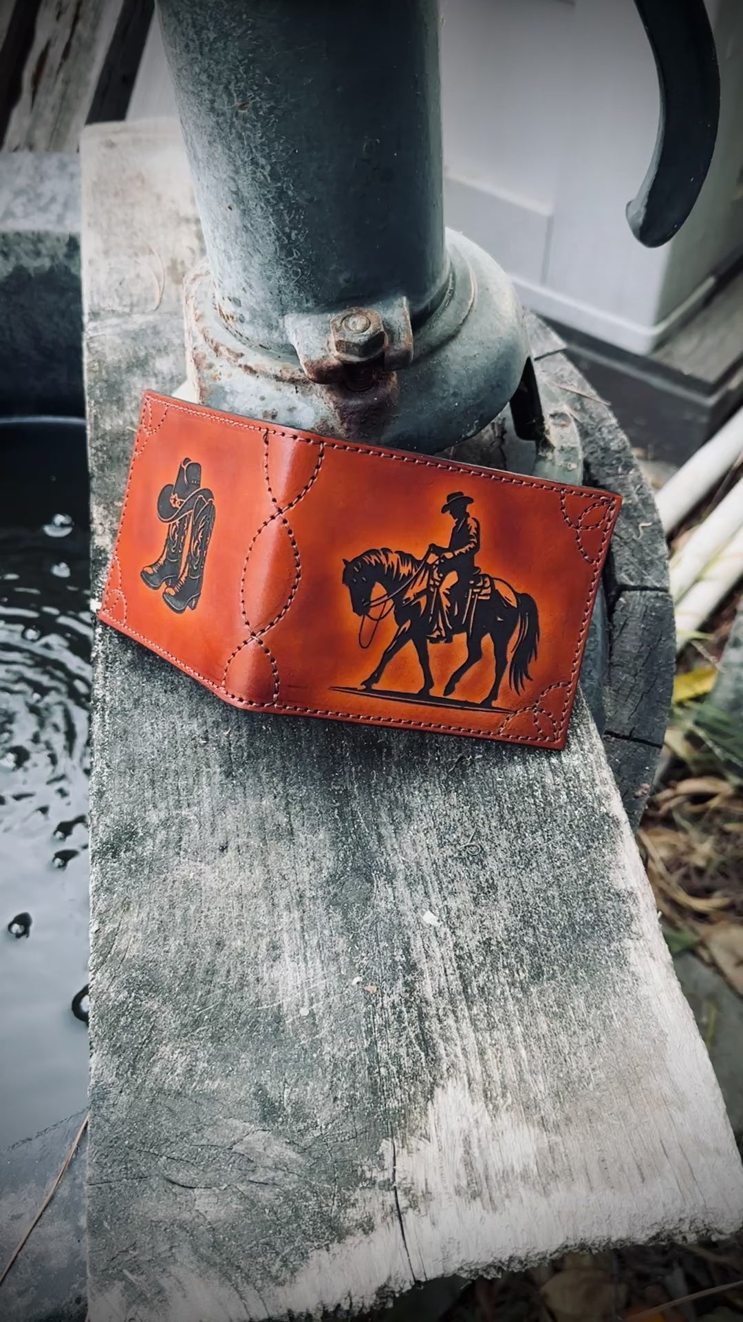 Cowboy Western Deluxe Bifold - Premium  laser engraved and stitched handmade leather wallet- Made In USA