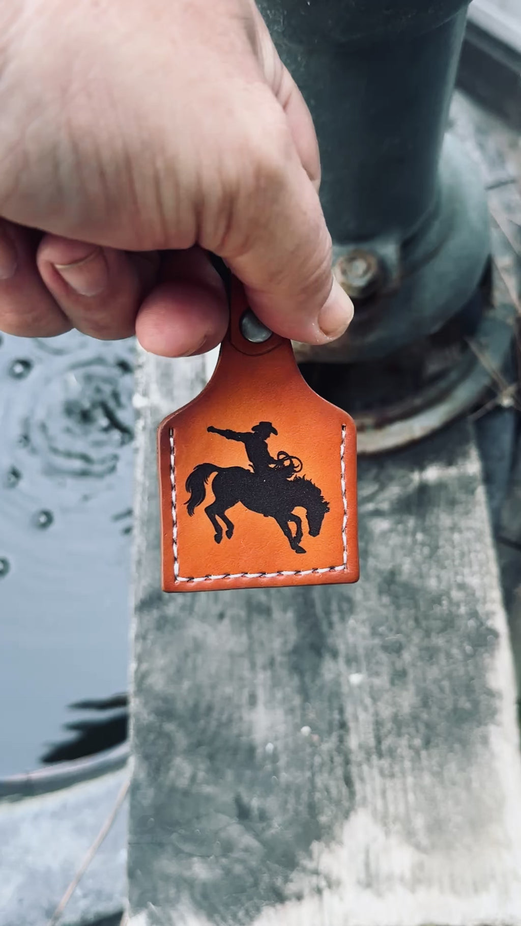 Cowboy Deluxe - Laser Engraved and hand stitched double sided leather cow tag style Keychain